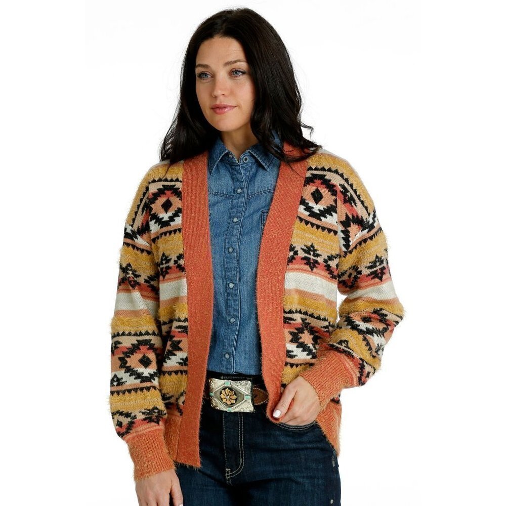Cruel Denim Women's Long Sleeve Eyelet Knit Aztec Cardigan Sweater - Mutli